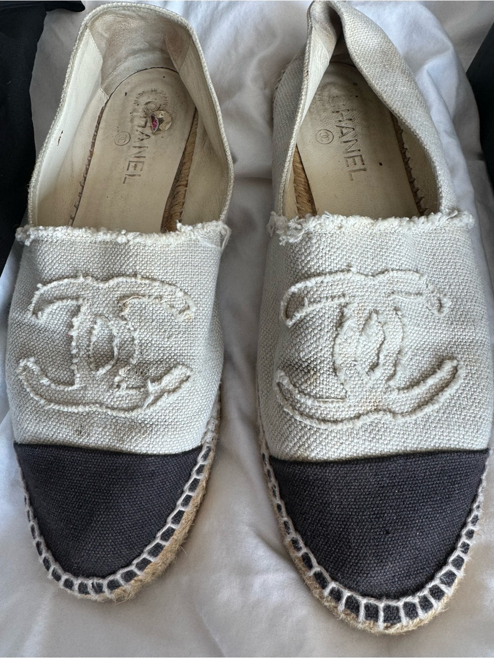 CHANEL Cream Canvas Espadrilles with Black Toe Cap